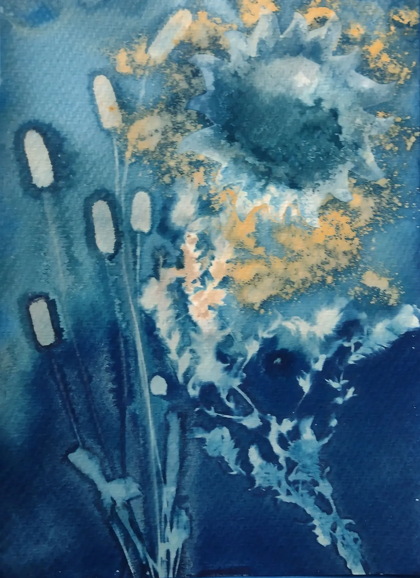 Organic cyanotype in deep blue with splashes of yellow