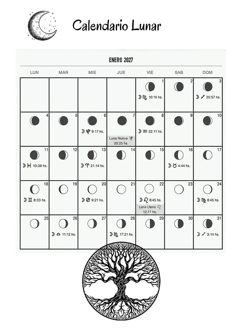 Agenda Artística Astrológica 2027 – January page with lunar calendar and cyanotype