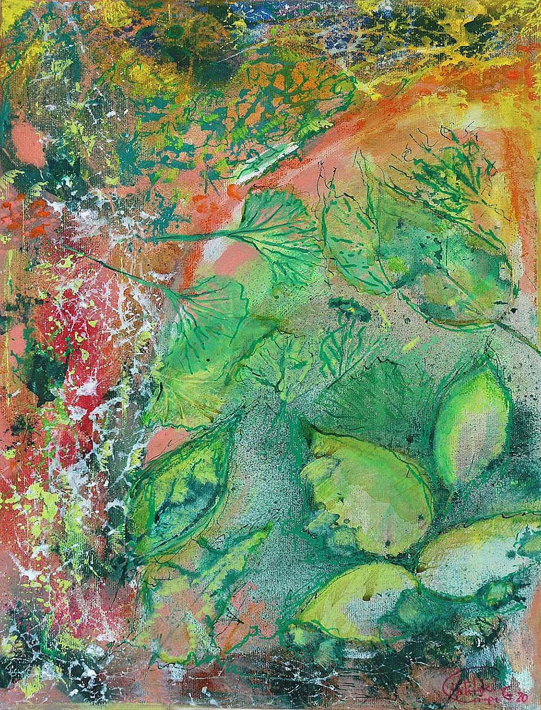 Abstract mixed media artwork from the primavera series showcasing textured green leaves and foliage layered over a warm red, orange, and gold background.