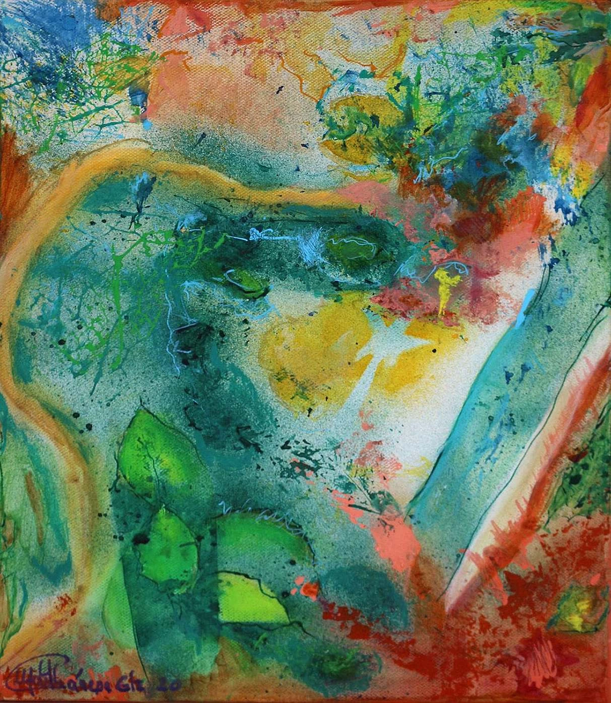 Dynamic abstract mixed media painting from the primavera series with swirling green, teal, and blue organic shapes layered over a warm red and yellow background.