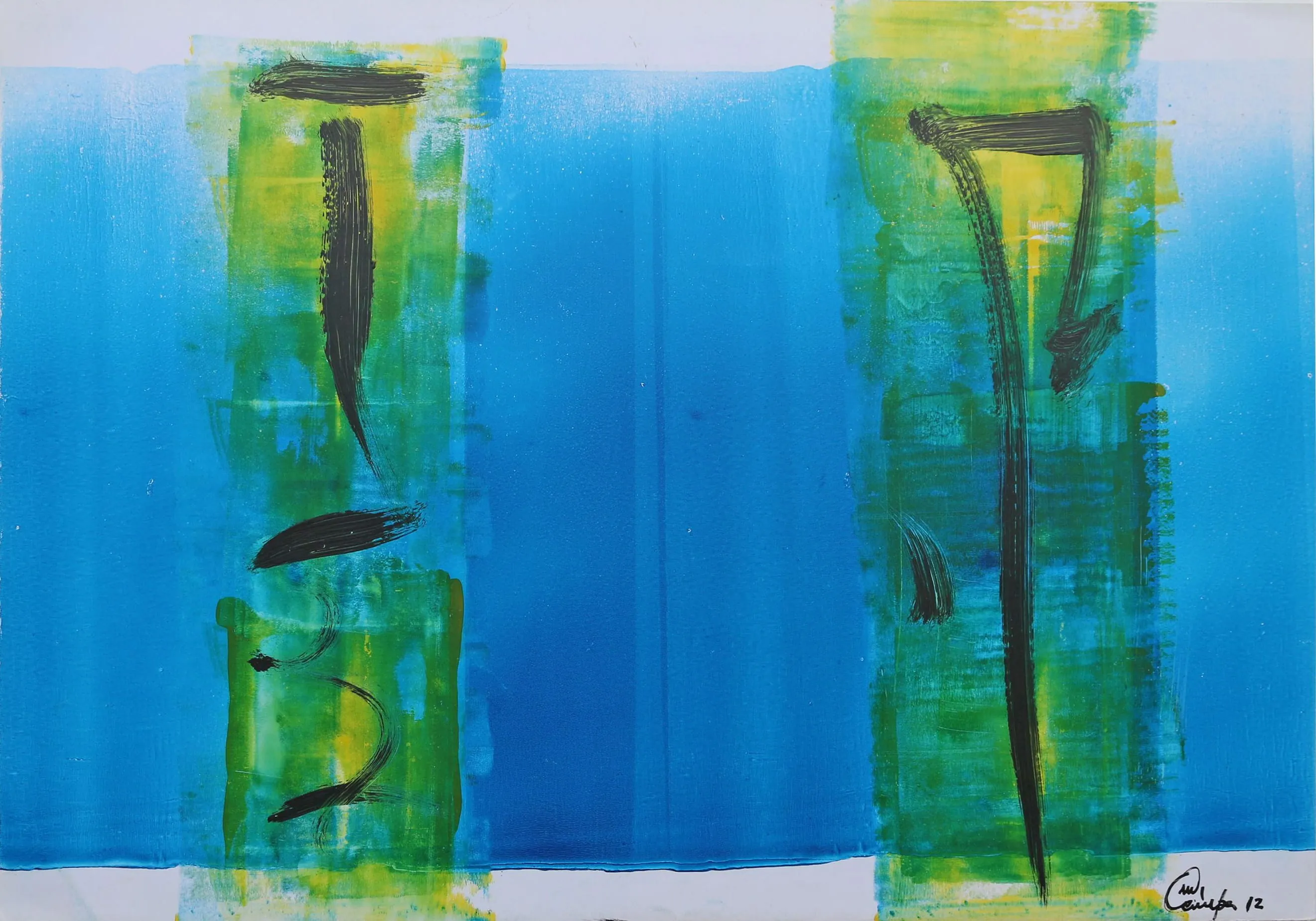 Contemporary abstract mixed-media painting from the Blue Series on paper with blue background and expressive black brushstrokes.