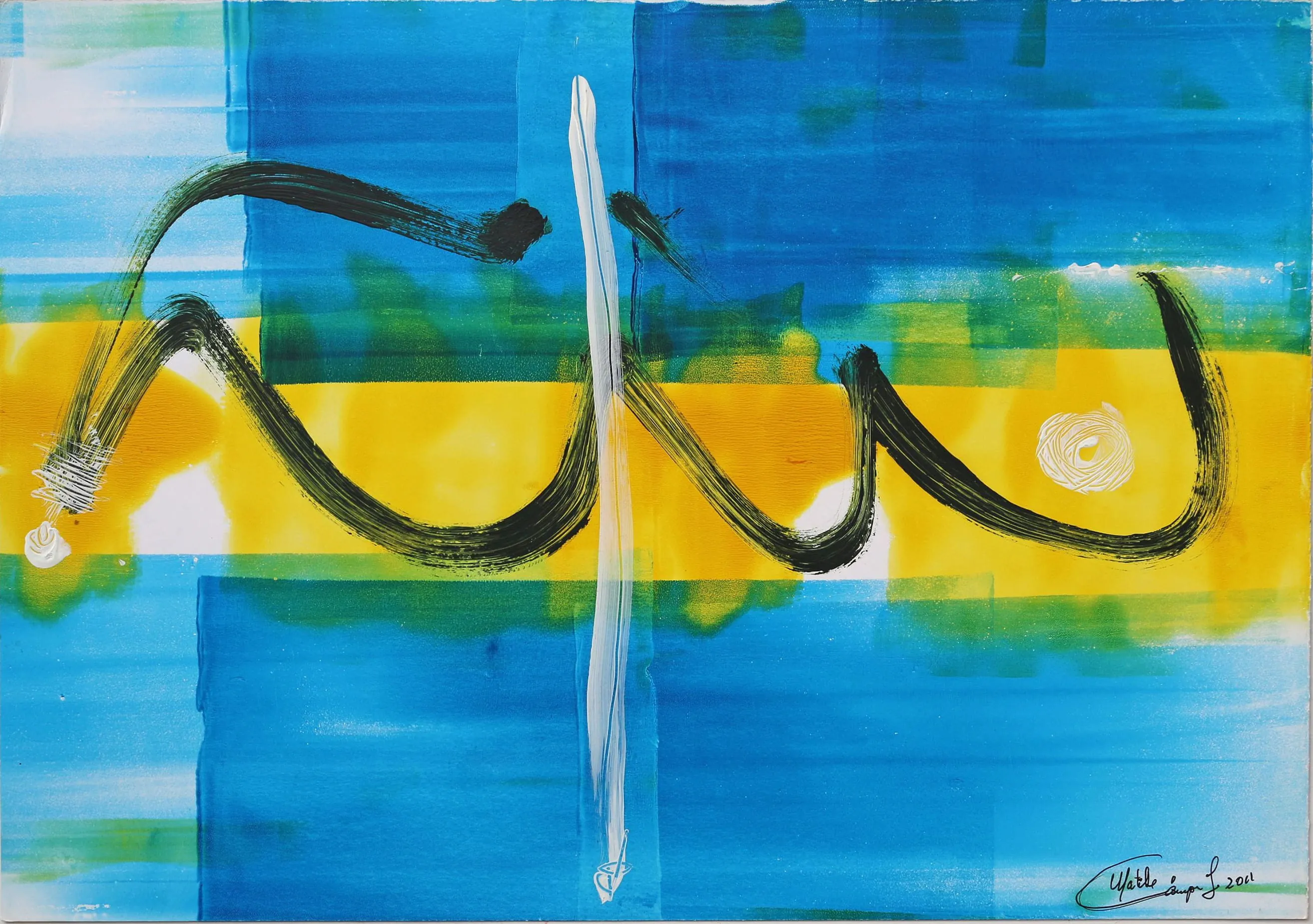 Abstract mixed-media painting on paper from the Blue Series with blue and yellow horizontal bands, a vertical white line, and black calligraphic brushstrokes.