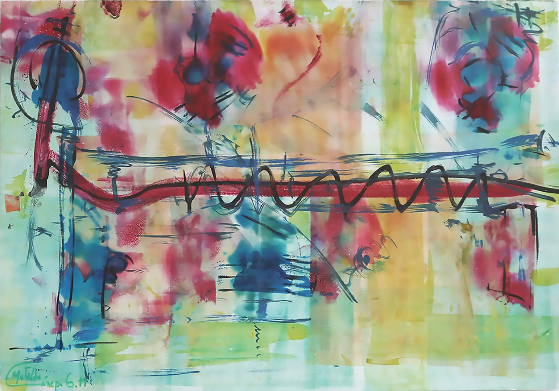 Abstract mixed-media painting on paper by Matilde Cánepa González from the Transparency series Part 2, featuring a blue-green background, a gestural cross motif, and black calligraphic brushstrokes