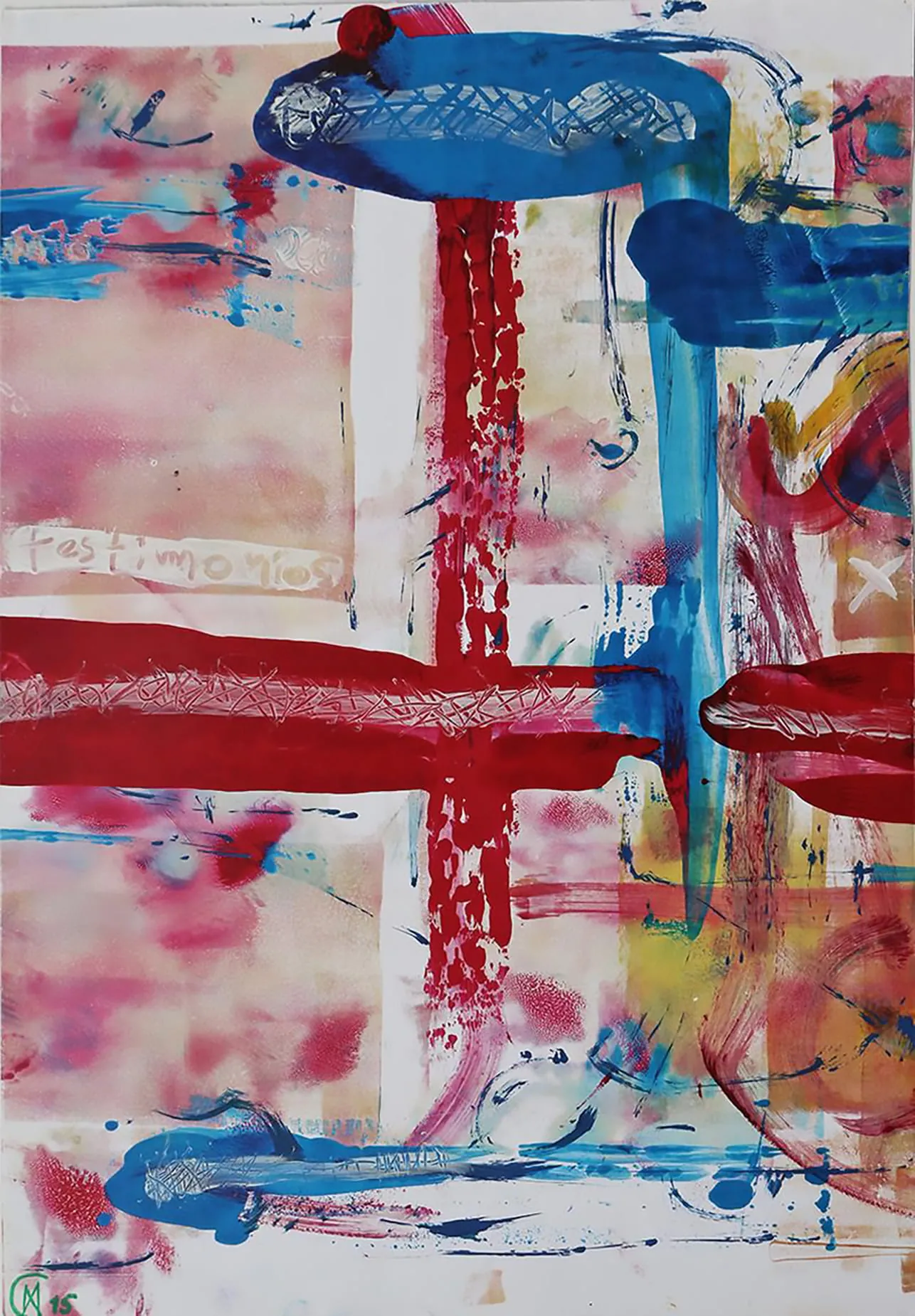 Abstract mixed-media painting on paper part 3 by Matilde Cánepa González from the Transparency series, featuring a blue-green background, a gestural cross motif, and black calligraphic brushstrokes