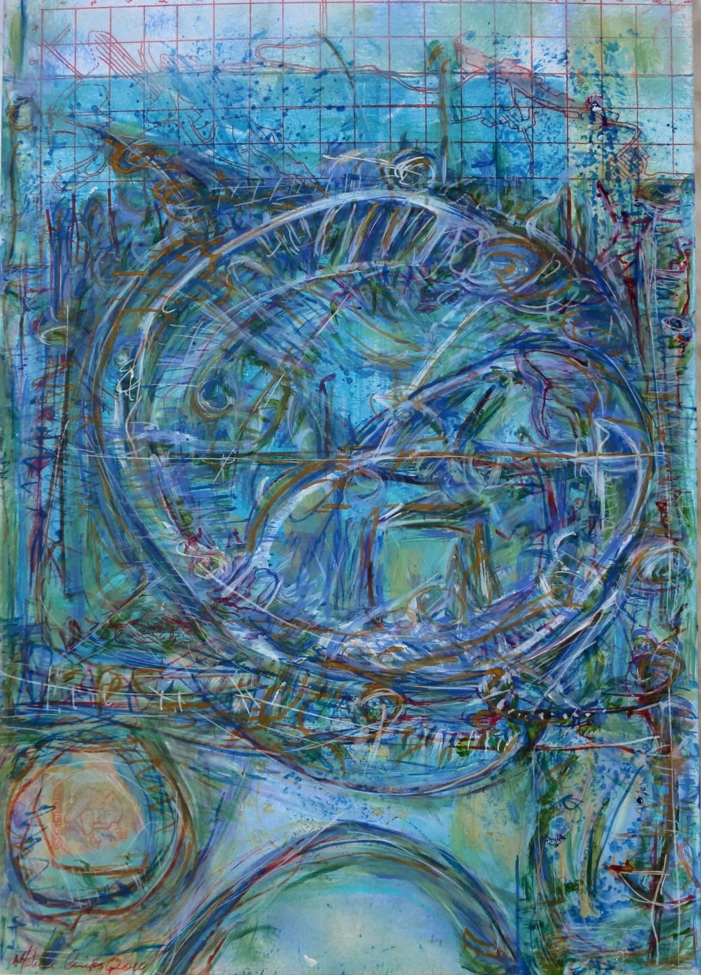 Contemporary abstract triptych in blue and green tones featuring layered textures, circular forms, ink splatters, architectural sketches, and a central orange-yellow horizon. Part 1