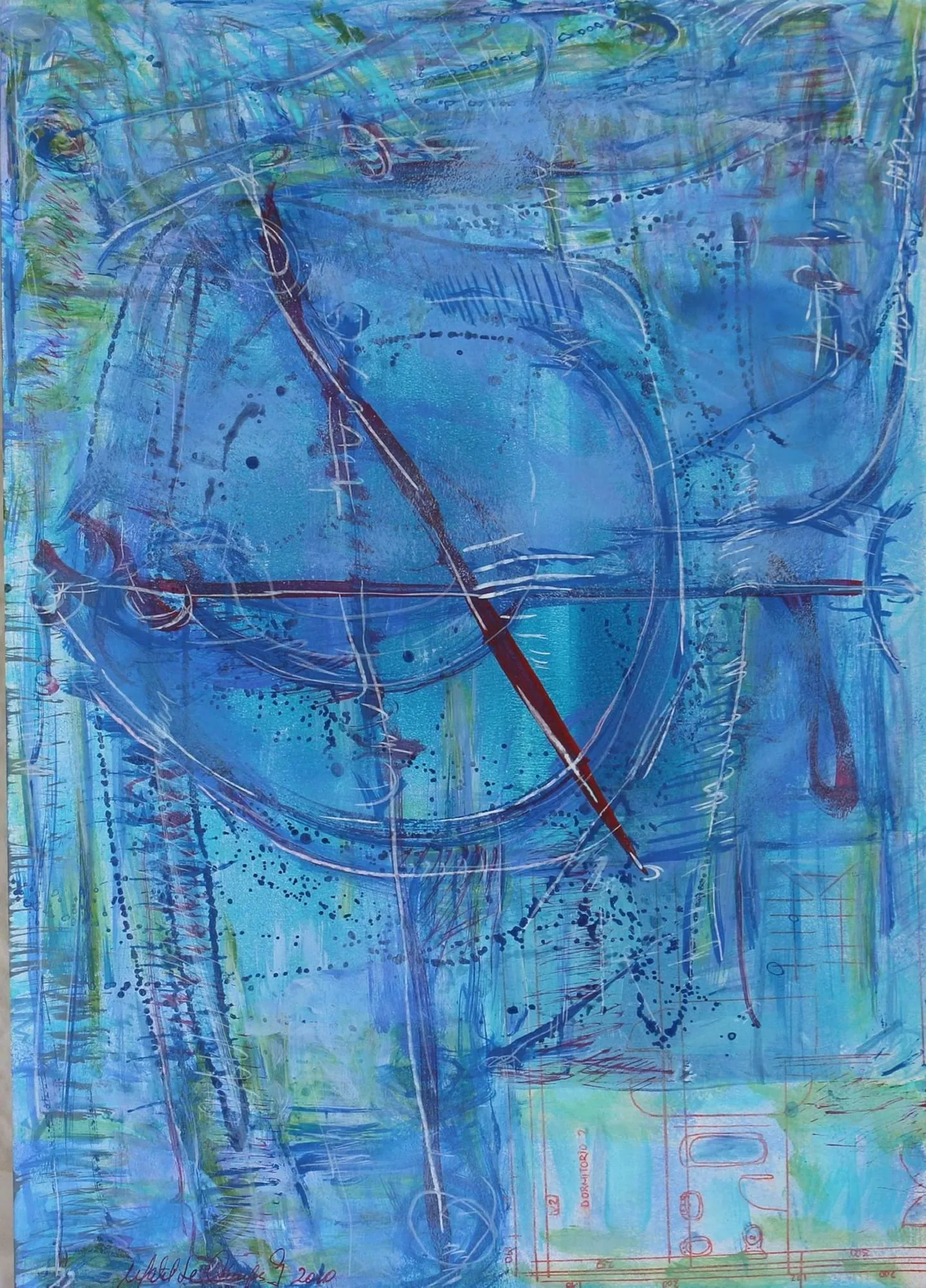 Contemporary abstract triptych in blue and green tones featuring layered textures, circular forms, ink splatters, architectural sketches, and a central orange-yellow horizon. Part 3