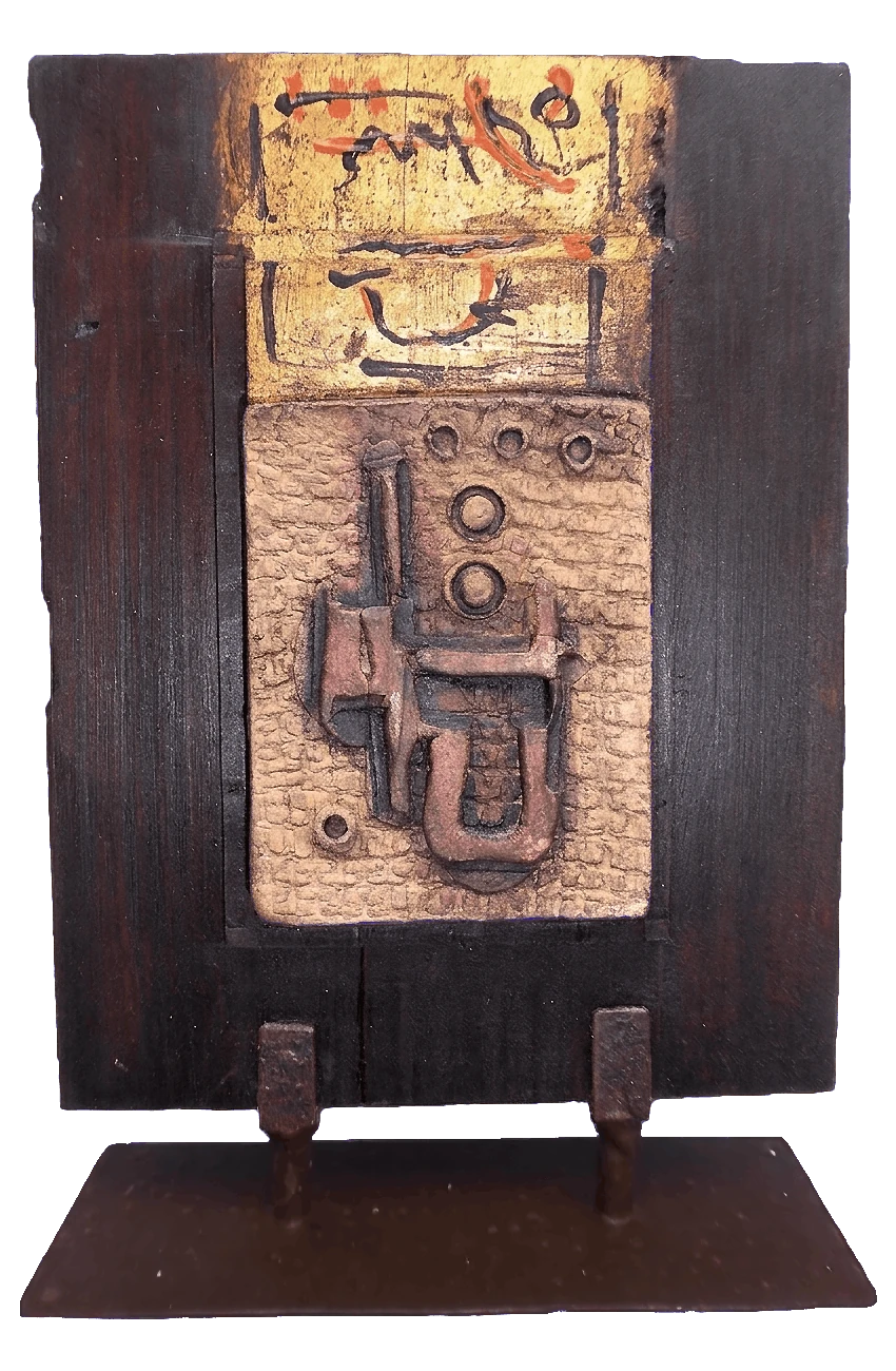 Totem Sculpture – mixed media wood stoneware gold leaf