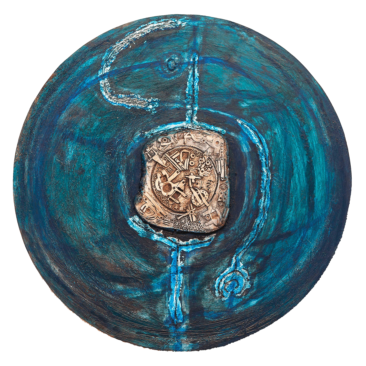 Round wall sculpture Mixed media: wood, stoneware, copper