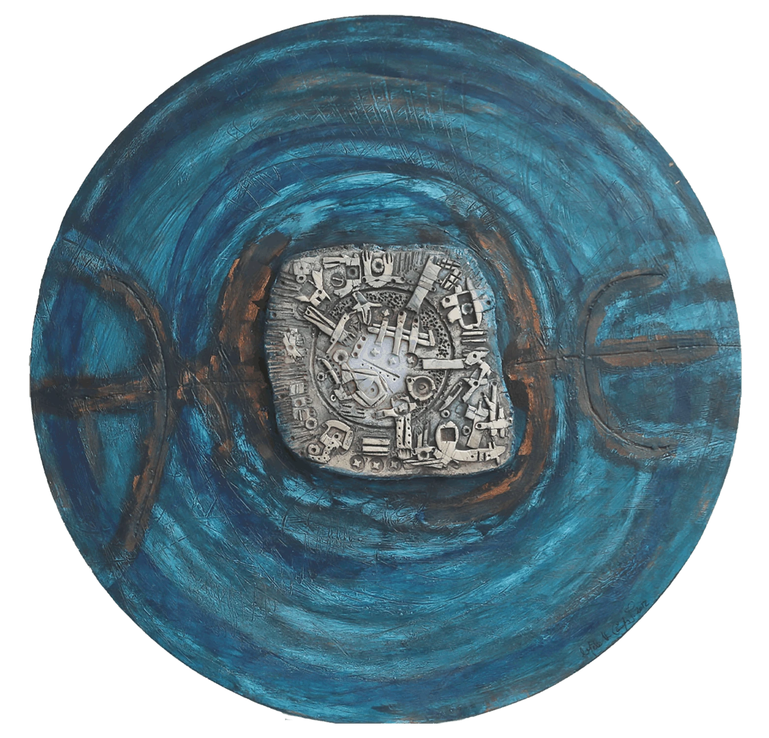 Round wall sculpture Mixed media: wood, stoneware,