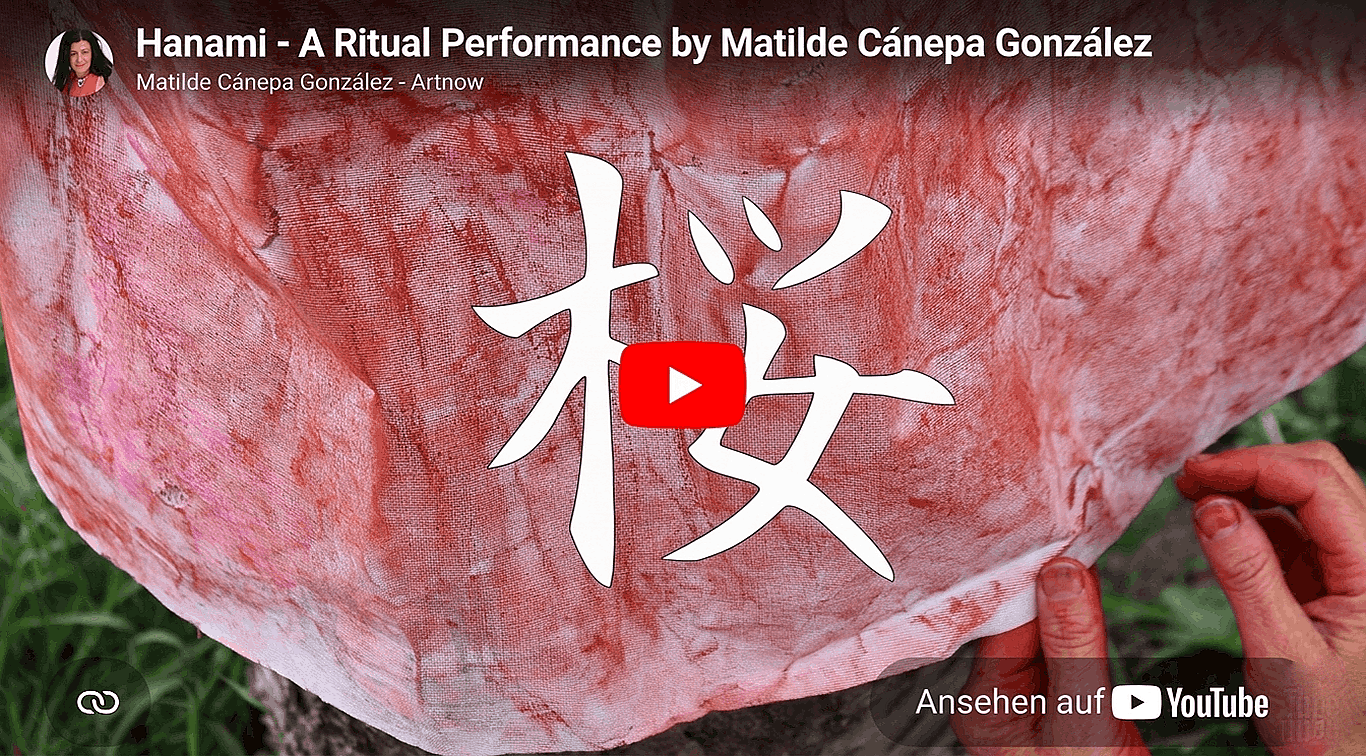 Video still: Hanami ritual performance with a sakura cloth, Berlin 2022, by Matilde Cánepa González